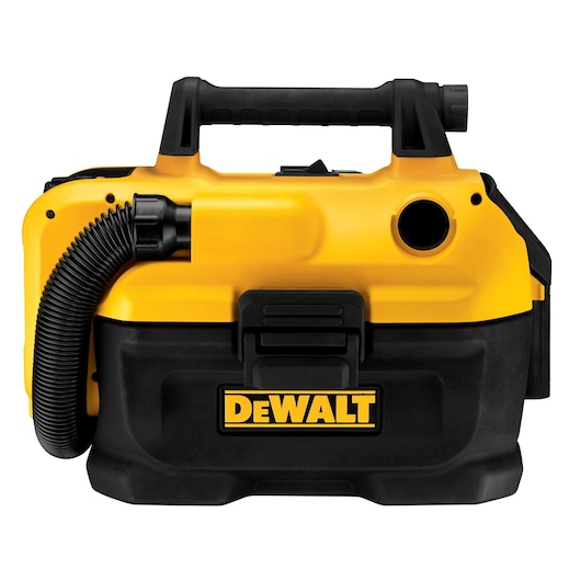 A portable, yellow and black DEWALT wet/dry vacuum with a handle on top and a flexible hose attached to the side.