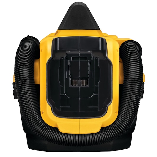 Front view of a DEWALT portable wet/dry vacuum cleaner, showing a yellow and black body with a hose wrapped around the base.