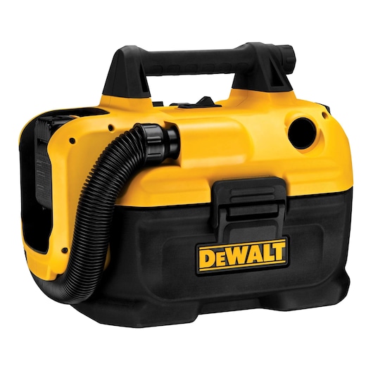 A DEWALT portable wet/dry vacuum with a yellow and black body, a carrying handle, and hose attached to the side.