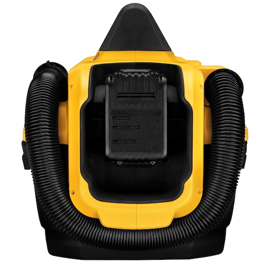 Front view of a DEWALT DCV580H portable cordless wet/dry vacuum cleaner. The vacuum is predominantly yellow and black, with a battery pack attached and flexible black hoses on both sides.