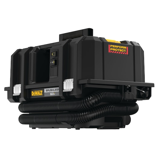 A DEWALT 60V brushless cordless dust extractor with Perform and Protect technology. The device is black with yellow labels, featuring a sturdy design and two coiled hoses attached underneath.