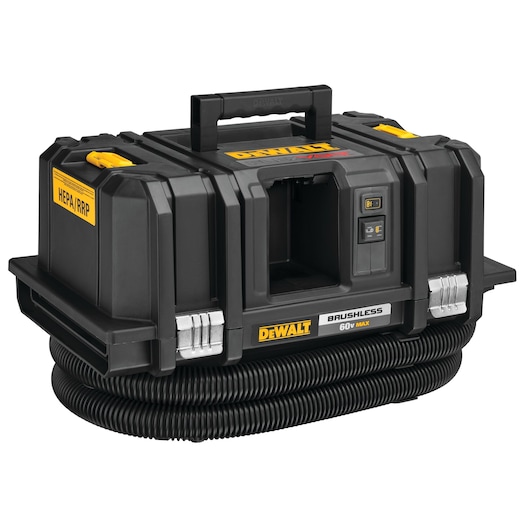 A DEWALT branded portable dust extractor with HEPA filter and brushless motor, featuring a sturdy carry handle and coiled hose stored at the base. The device is labeled for 60V Max and designed for heavy-duty jobsite use.