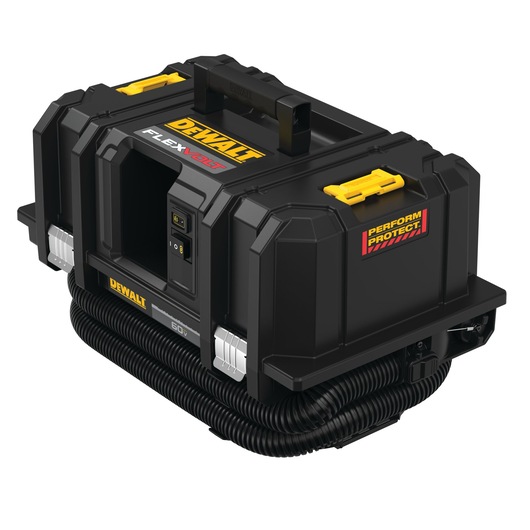 A DEWALT FLEXVOLT 60V portable dust extractor vacuum, with a black and yellow rugged case, carrying handle, attached hose, and labeled Perform & Protect for enhanced safety features.