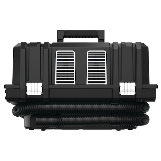 Front view of a black portable DEWALT vacuum cleaner with a handle on top and coiled hose attached at the bottom, featuring vented panels and sturdy construction.
