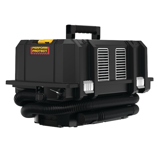 A black DEWALT industrial vacuum with a carrying handle, Perform Protect label, side vents, and coiled hose attached underneath.
