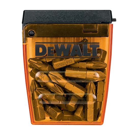 A DEWALT-branded transparent orange and black plastic box containing multiple metallic screwdriver bits.