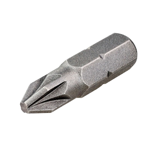 A close-up image of a single metal Phillips screwdriver bit with a hexagonal base, designed for use with power drills or screwdrivers.
