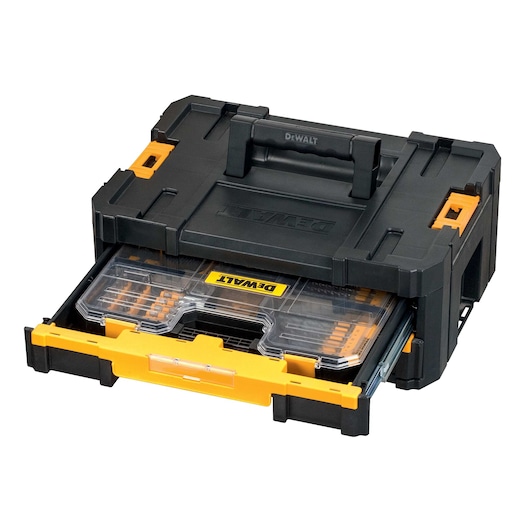 A DEWALT black and yellow plastic organizer box with a handle, featuring a pull-out transparent compartment for storing tools or accessories.