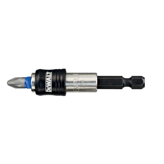 A DEWALT branded screwdriver bit holder with a Phillips bit attached. The holder features a black and silver finish with a hex shank for use in power tools.