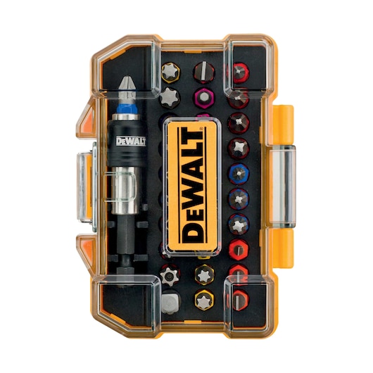 A DEWALT DT7969 set of screwdriver bits and accessories in a transparent plastic box with yellow accents. The box displays various types and sizes of bits organized neatly, with the DEWALT brand label prominently in the center.