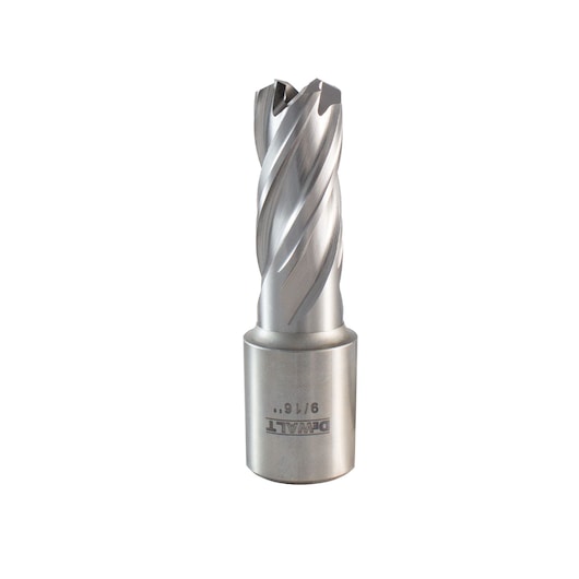 A DEWALT brand metal annular cutter drill bit with spiral flutes, shown against a white background.