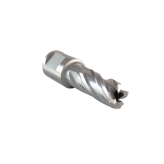 A close-up image of a metallic DEWALT annular cutter drill bit, designed for cutting precise holes in metal. The tool features spiral flutes and a cylindrical shank.