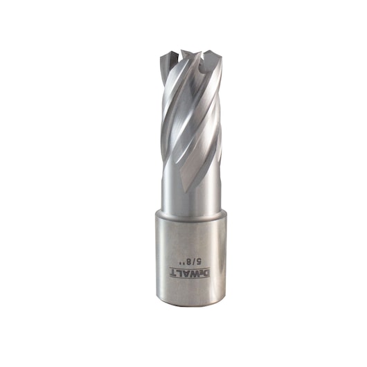 A close-up image of a DEWALT annular cutter with a metallic finish, used for drilling precise holes in metal. The cutter is upright against a white background.