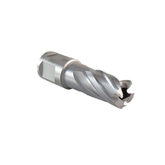 A close-up image of a metal annular cutter drill bit with spiral flutes, used for cutting holes in metal surfaces. The background is plain white.