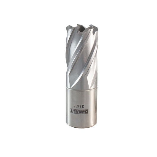 A close-up image of a silver DEWALT annular cutter drill bit, featuring spiral flutes and the DEWALT logo engraved on the cylindrical section, positioned upright on a white background.