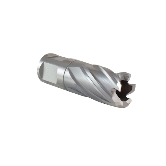 A close-up of a DEWALT metal annular cutter tool, used for drilling holes in metal surfaces, shown against a white background.
