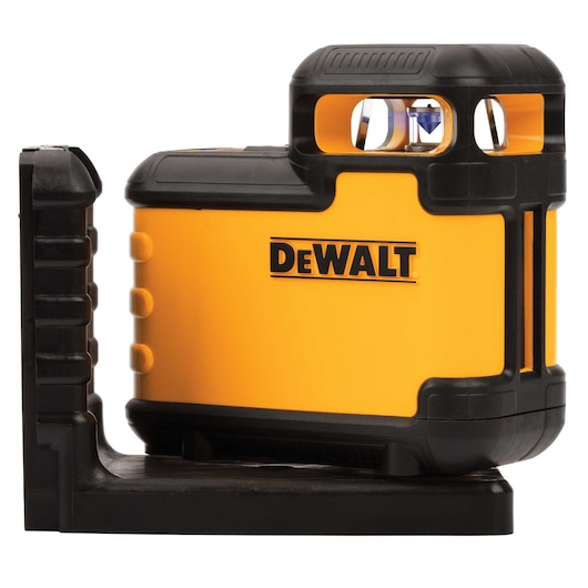 A DEWALT yellow and black self-leveling rotary laser level device placed on a black mounting base. The product features a visible lens and robust housing for construction and alignment tasks.