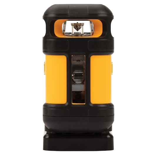 Front view of a DEWALT DW03601 self-leveling rotary laser, featuring a black and yellow cylindrical body with visible laser components inside.