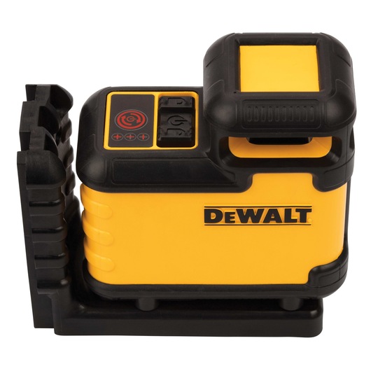 A DEWALT-branded yellow and black laser level device, featuring control buttons and set on a sturdy black base.