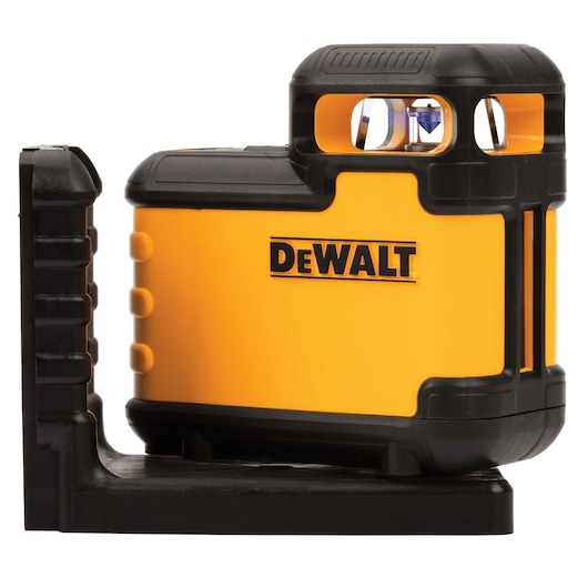 A DEWALT branded yellow and black self-leveling laser level device, shown mounted on a base. The device features a compact design and visible lens components on the top for projecting laser lines.