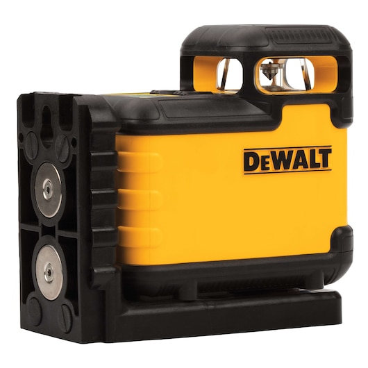 A yellow and black DEWALT laser level device with visible magnets on the side and a transparent top section for projecting lines, used in construction or measurement.