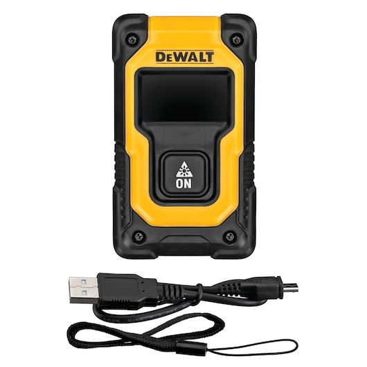 A DEWALT-branded yellow and black laser distance measurer with an ON button. Below the device are a USB charging cable and a wrist strap.