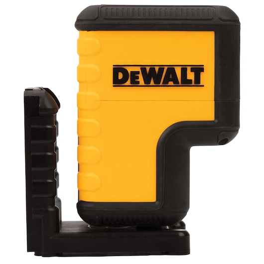 A DEWALT-branded yellow and black laser level tool, shown upright and viewed from the side, used for alignment and leveling tasks in construction and photography.