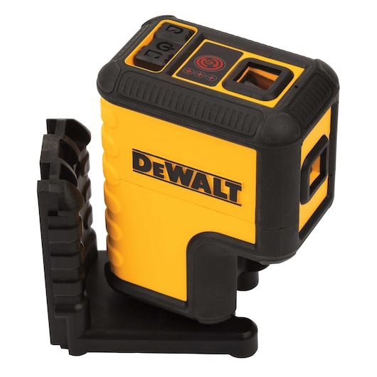 A DEWALT branded yellow and black laser level device with control buttons on the top and mounted on a black base.