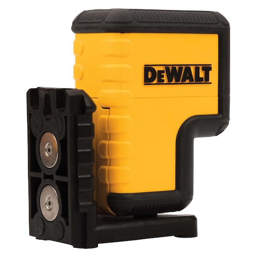 A yellow and black DEWALT laser level tool with a rugged, rectangular body and magnetic base, used for precise leveling in construction and photography.