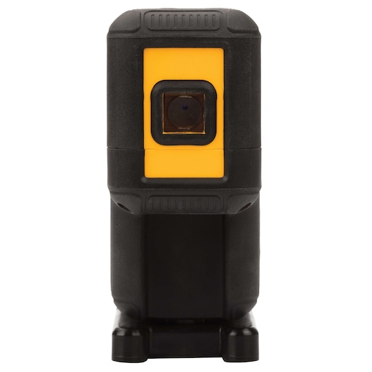 Front view of a DEWALT laser level tool with a black and yellow casing, designed for precise alignment in construction and photography projects.