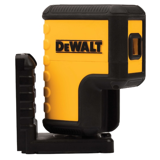 A DEWALT self-leveling laser level tool in yellow and black, shown from a side angle on its black base mount.