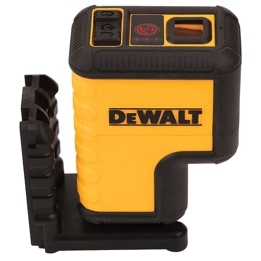 A DEWALT DW08302 self-leveling laser measuring tool in yellow and black with control buttons on its top and a mounting bracket attached.