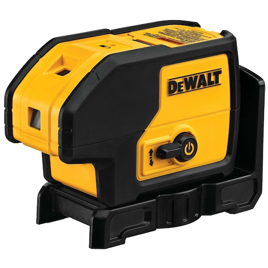 A DEWALT yellow and black laser level device shown on a black base, designed for precise alignment and leveling in construction and photography tasks.