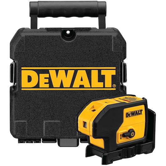 DEWALT DW083K laser level tool shown with a sturdy black carrying case, both featuring the yellow DEWALT logo.