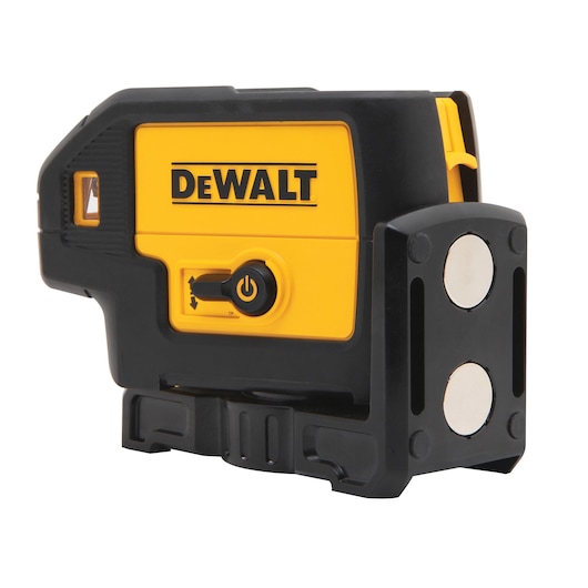 A DEWALT branded yellow and black laser level device, showing its control switch and magnetic mounting base.