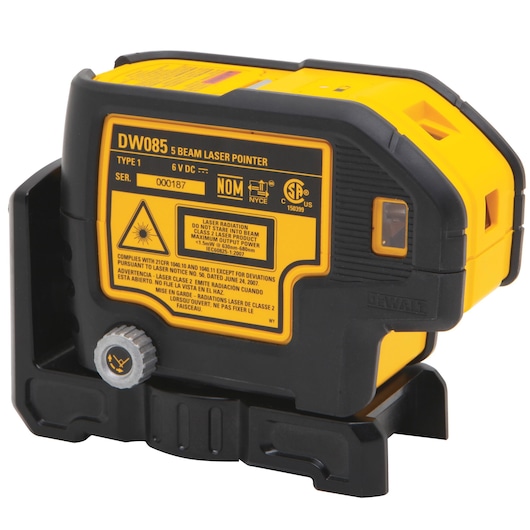 DEWALT DW085K 5-beam laser pointer, shown in a yellow and black sturdy plastic casing with visible product labels and adjustment knob.