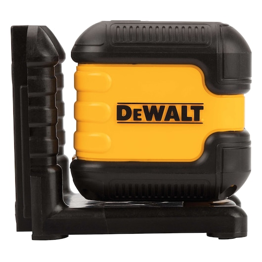 A DEWALT DW08802 yellow and black laser level device shown from the side, with a rugged casing and mounted on a black base.