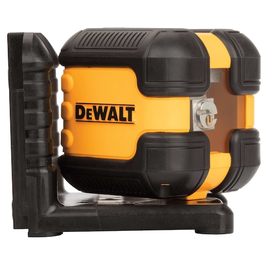A DEWALT-branded yellow and black self-leveling cross line laser tool on a black base, used for precise alignment in construction and photography.
