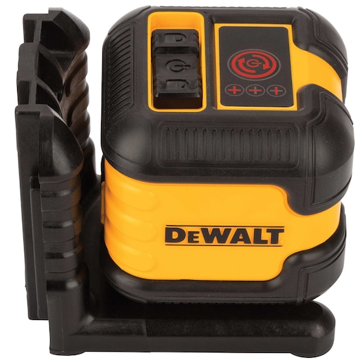 A close-up of a DEWALT DW08802 laser level device, featuring a yellow and black sturdy casing, control buttons, and a mounting bracket.