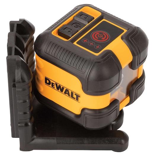A DEWALT-branded yellow and black laser level device with control buttons on the top, mounted on a sturdy black base.