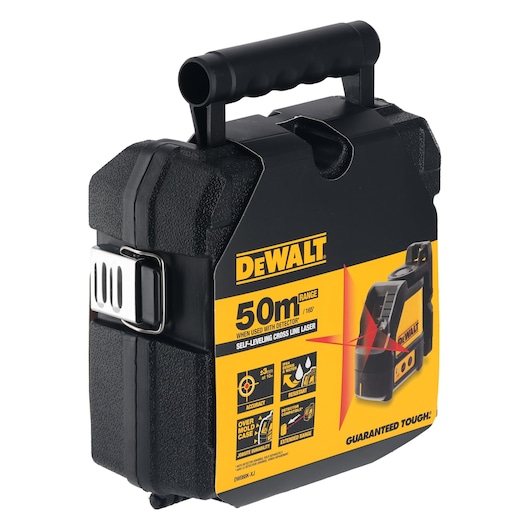 A DEWALT DW088K self-leveling cross line laser in a hard black carrying case with a handle and metal latch. The packaging shows product features including a 50 meter range, accuracy, water and debris resistance, and an over-molded case.