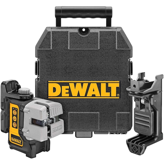 DEWALT DW089K laser level kit with a black carrying case, laser device, and mounting bracket.