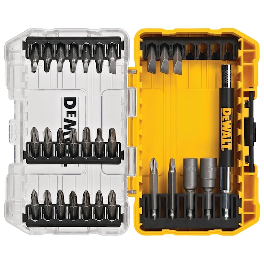 A DEWALT DW2162 screwdriver bit set in a yellow and clear plastic case, featuring multiple screwdriver bits and accessories organized neatly inside.