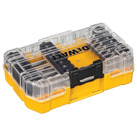 A yellow DEWALT plastic storage case with a transparent lid, containing various screwdriver bits organized inside.
