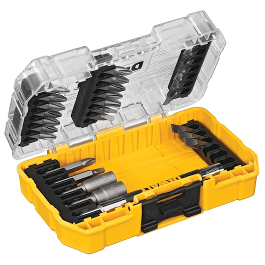 A yellow DEWALT plastic case containing various screwdriver and drill bits, organized in rows. The case is open, showing the clear lid and multiple metal bits inside.