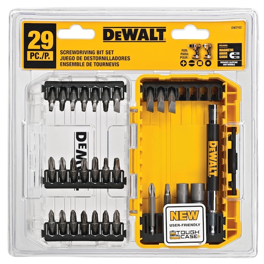 DEWALT 29-piece screwdriving bit set in a clear and yellow plastic case. The set includes various screwdriver bits and accessories, organized neatly in rows, and features a user-friendly ToughCase+ design. Packaging includes labels in English, French, and Spanish.