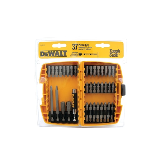 DEWALT 37-piece screwdriving bit set in a clear and yellow plastic case, showing various screwdriver bits and accessories organized inside. The packaging highlights magnetic drive guide and user-friendly ToughCase features.