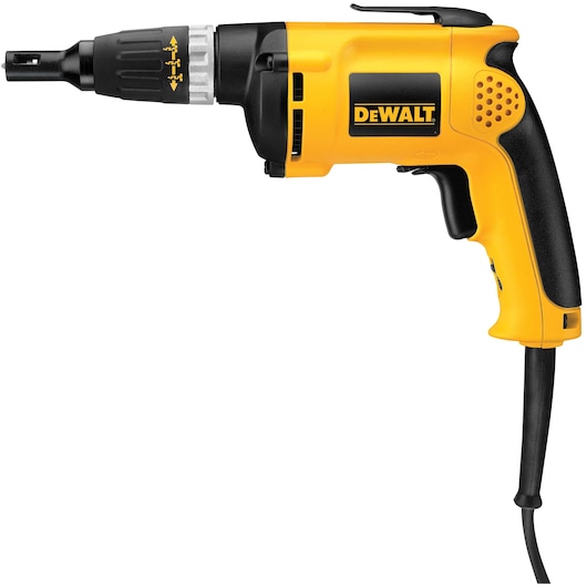 A yellow and black DEWALT electric screwdriver with a cord, designed for drywall installation. The tool features an ergonomic handle and a depth adjustment collar near the tip.