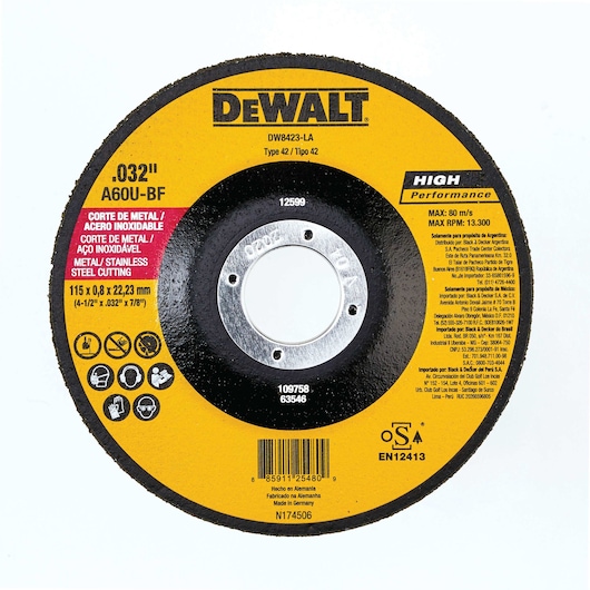 A DEWALT branded cutting wheel (model DW8423-LA) for metal and stainless steel cutting. The disc is black with a yellow and red label indicating it is high performance, with specifications 115 x 0.8 x 22.23 mm (4-1/2" x .032" x 7/8"). Safety icons are displayed for protective gear, and details are provided in multiple languages.