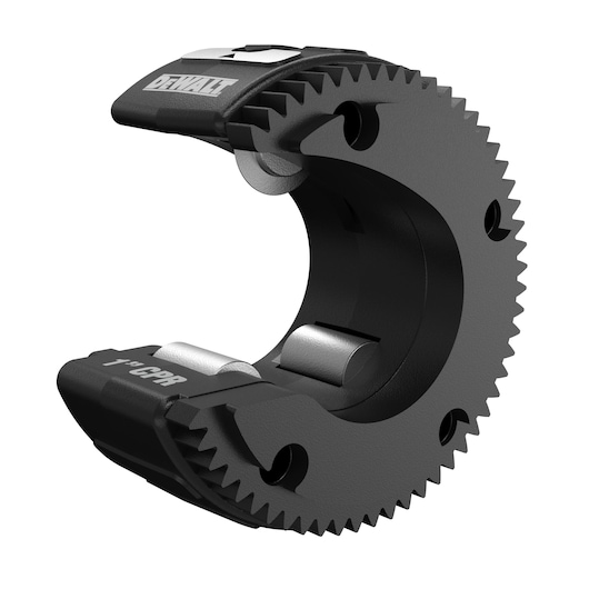 A close-up image of a DEWALT circular pipe cutting tool attachment, showing its serrated edges and metal cutting blades. The product is labeled '1'' CPR' and is designed for cutting pipes efficiently.